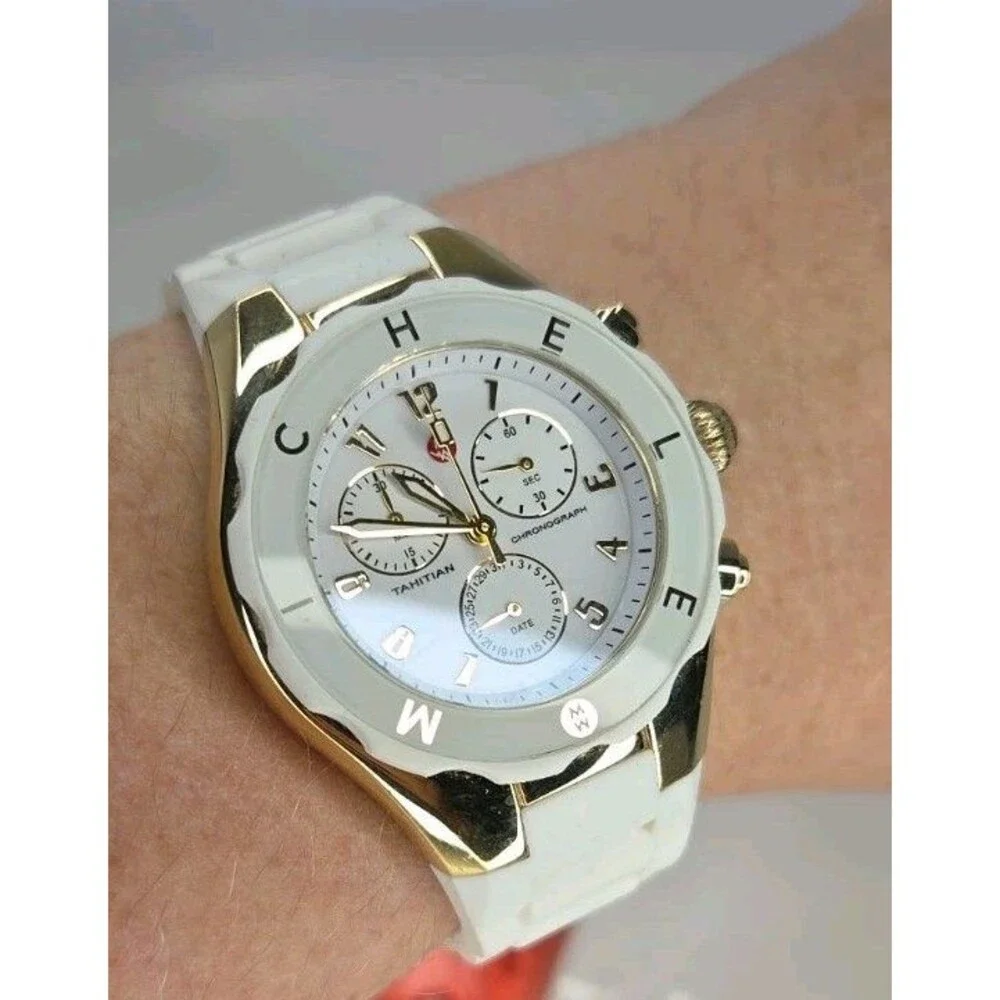 MICHELE JELLY BEAN TAHITIAN CHRONOGRAPH Watch GOLDTONE WHITE SILICONE BAND EUC - Picture 9 of 16